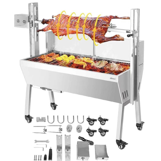 132lbs Charcoal Grill, Stainless Rotisserie Grill Roaster Outdoor BBQ Grill with 25W Motor, Wind Baffle and Hand Crank