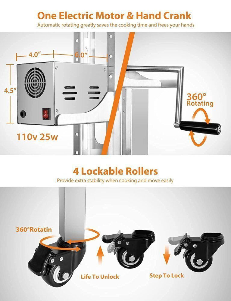 176lbs Charcoal Grill, Stainless Rotisserie Grill Roaster Outdoor BBQ Grill with 25W Motor, Wind Baffle and Hand Crank