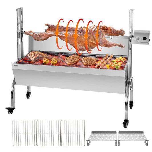 176lbs Charcoal Grill, Stainless Rotisserie Grill Roaster Outdoor BBQ Grill with 25W Motor, Wind Baffle and Hand Crank