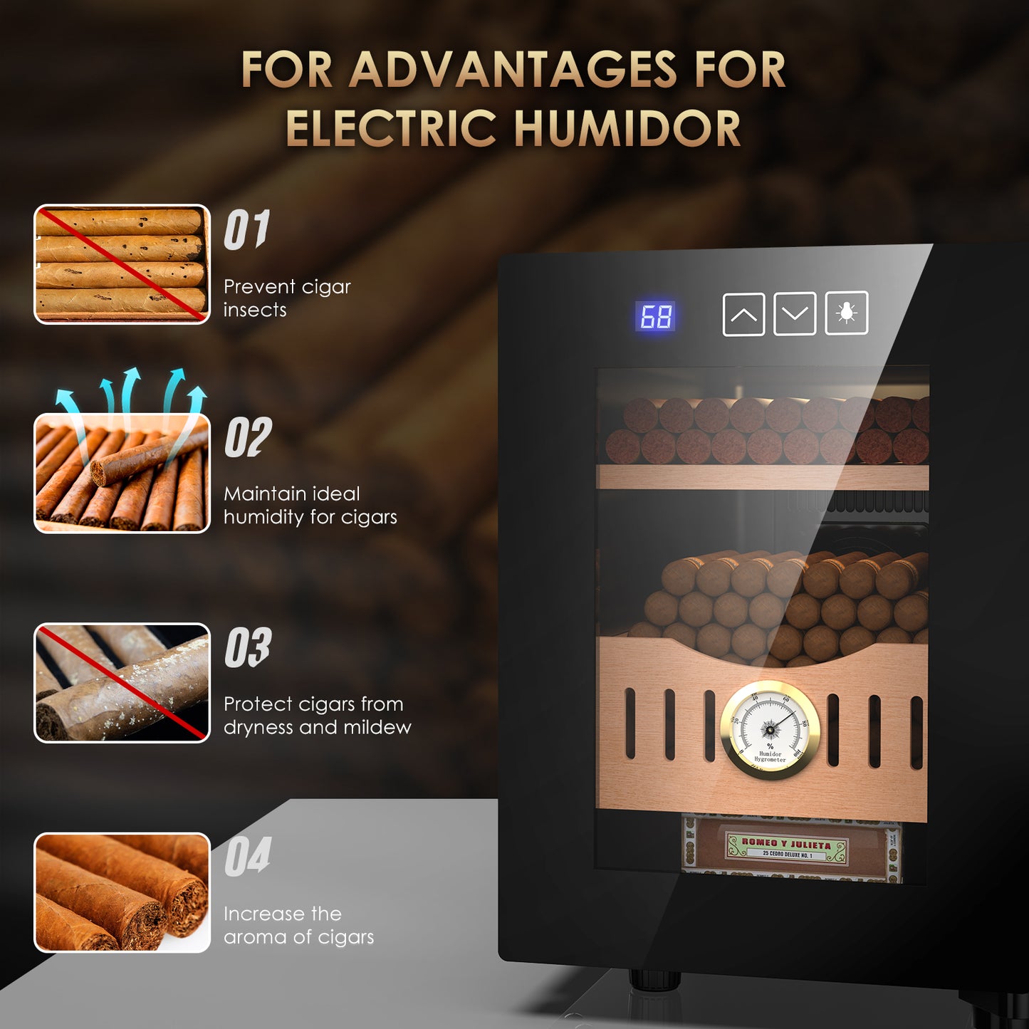 16L Cigar Humidor, Electric Cigar Humidor Cabinet for 100 Counts with Digital Hygrometer, Spanish Cedar Lined Cigar Box, Great Gift for Father Friends Men