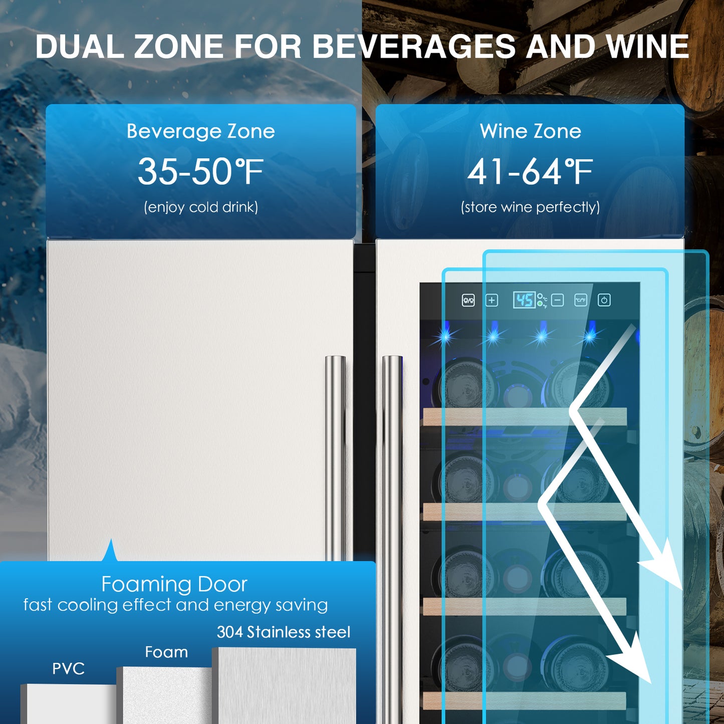 Dual Zone Wine Cooler Beverage Refrigerator, 24 inch Wine Coolers Fridge Side by Side Refrigerator Glass Fridge with Safety Locks for 20 Bottles and 57 Cans