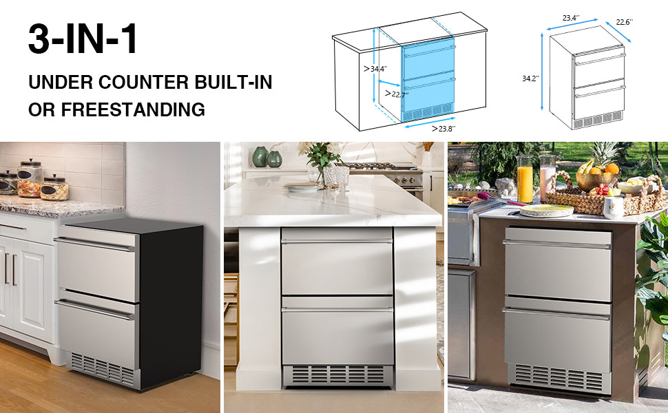 24" Under Counter Refrigerator, Indoor and Outdoor Double Drawer Fridge, Digital Display for Home and Commercial Use, 5.12cu.ft