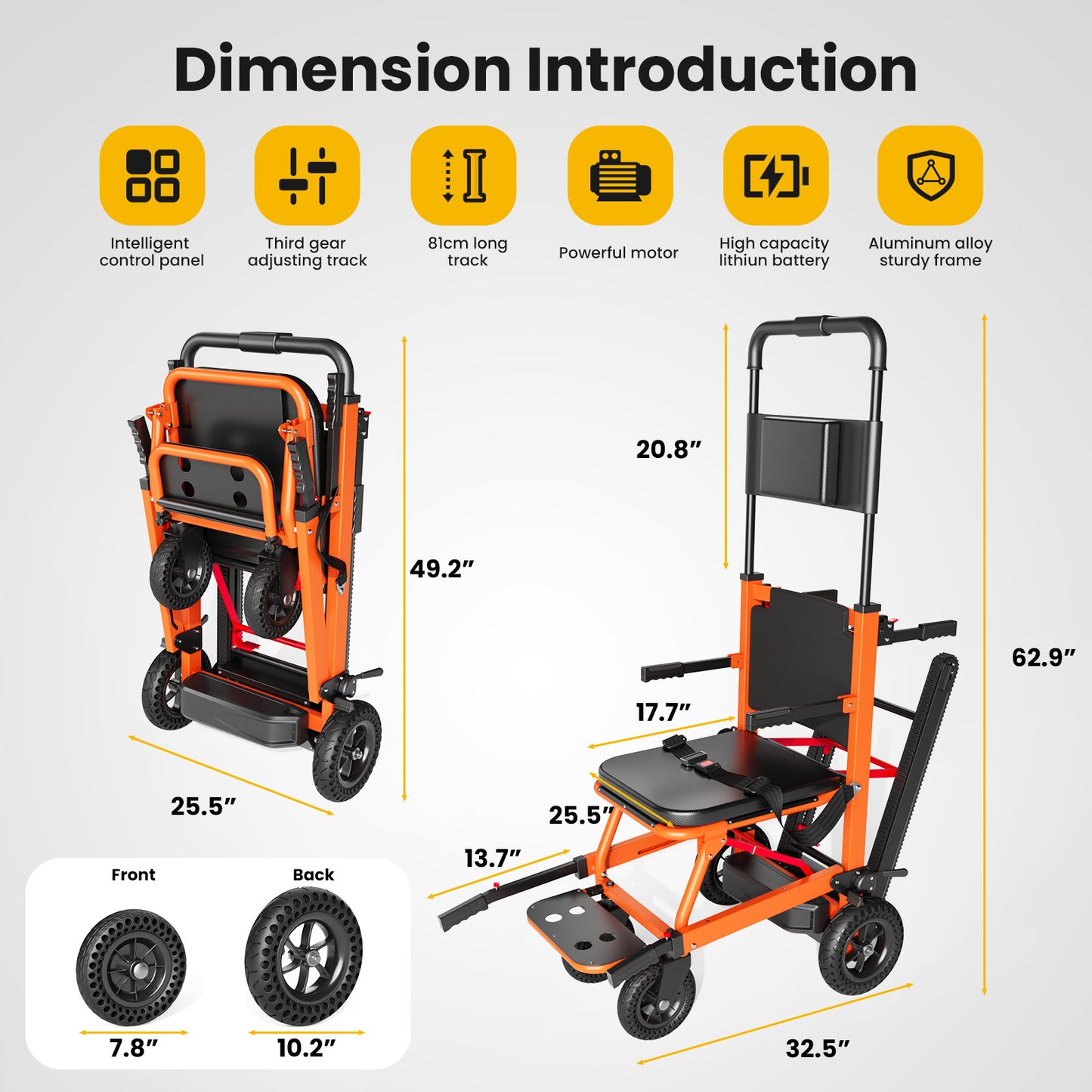Ecojoy Electric Stair Climbing Wheelchair for Adults, Large Rear Wheels, Portable & Foldable, Orange, 441lb Limit
