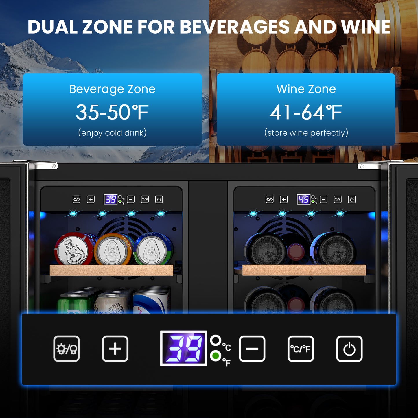 Dual Zone Wine Cooler Beverage Refrigerator, 24 inch Wine Coolers Fridge Side by Side Refrigerator for Outdoors Living Room, Holds 18 Bottles and 57 Cans