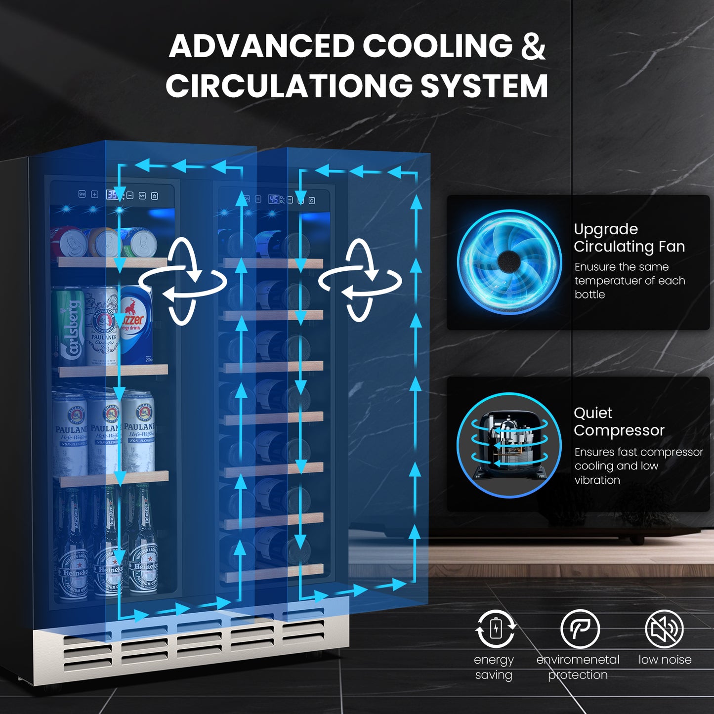 Dual Zone Wine Cooler Beverage Refrigerator, 24 inch Wine Coolers Fridge Side by Side Refrigerator for Outdoors Living Room, Holds 18 Bottles and 57 Cans