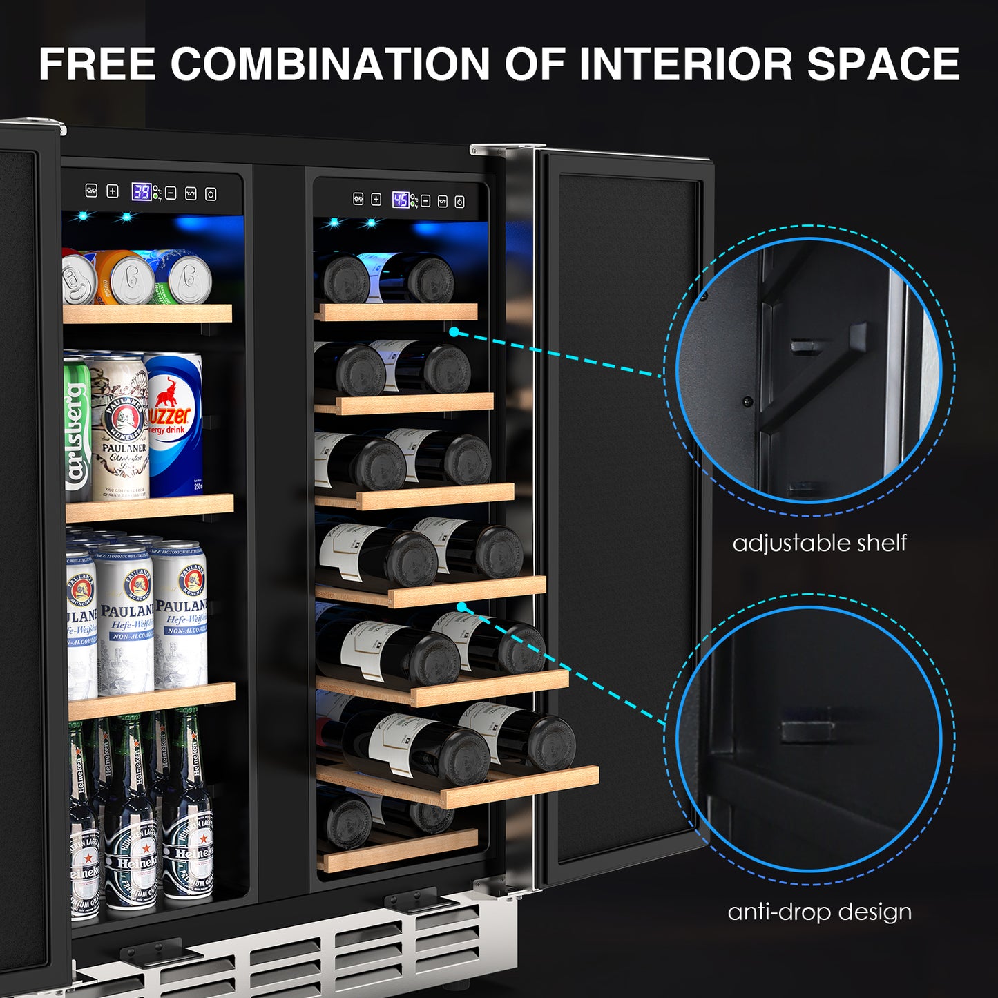 Dual Zone Wine Cooler Beverage Refrigerator, 24 inch Wine Coolers Fridge Side by Side Refrigerator for Outdoors Living Room, Holds 18 Bottles and 57 Cans