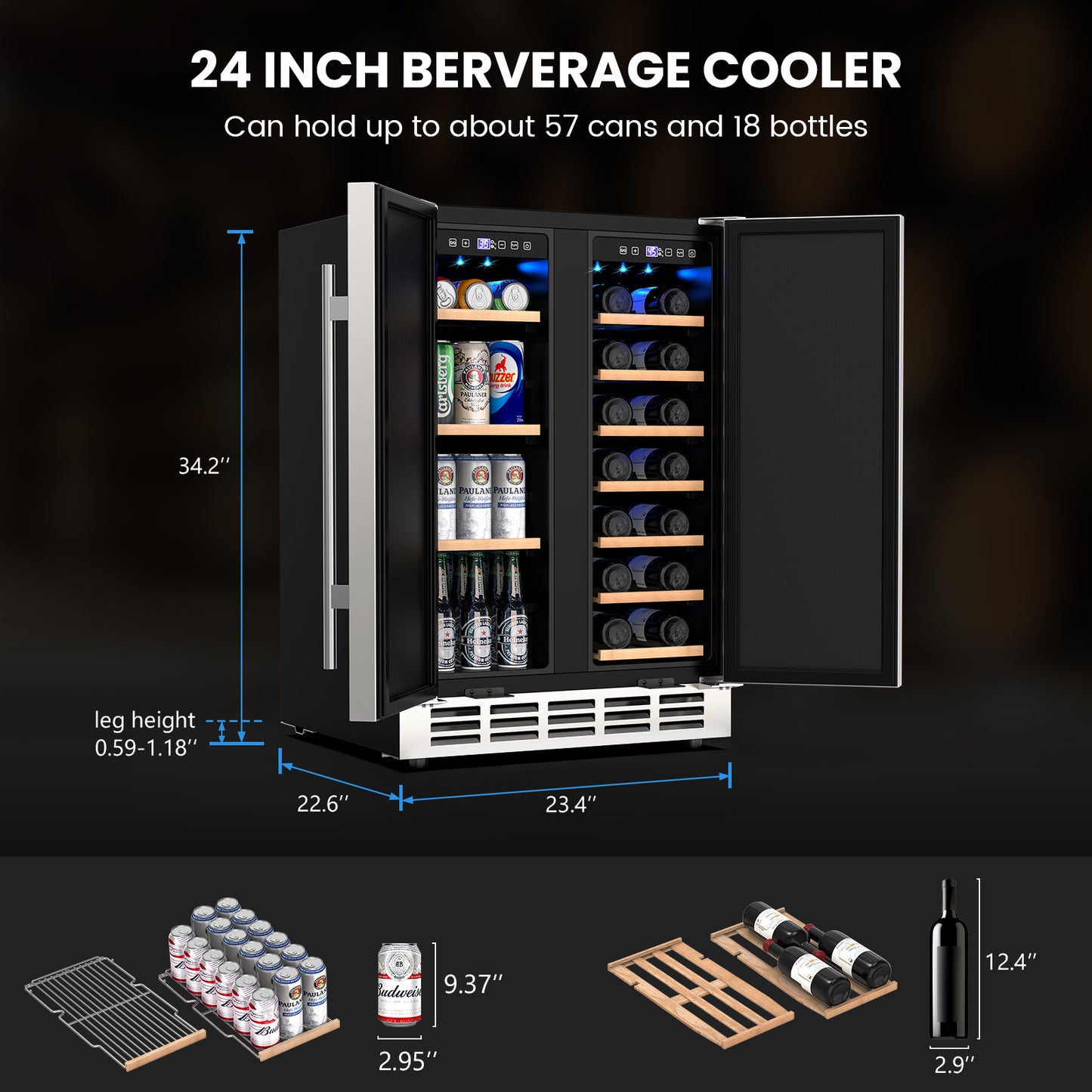 Dual Zone Wine Cooler Beverage Refrigerator, 24 inch Wine Coolers Fridge Side by Side Refrigerator for Outdoors Living Room, Holds 18 Bottles and 57 Cans