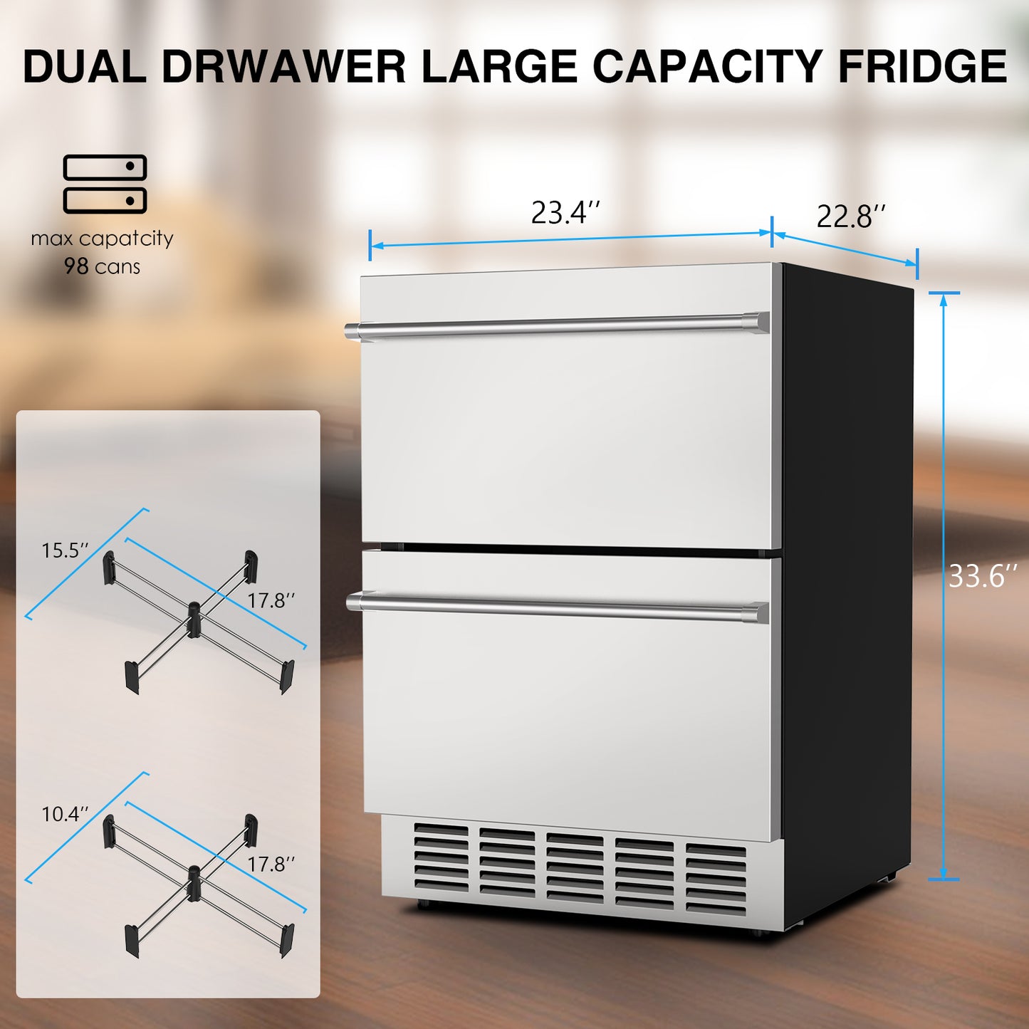 24" Under Counter Refrigerator, Indoor and Outdoor Double Drawer Fridge, Digital Display for Home and Commercial Use, 5.12cu.ft