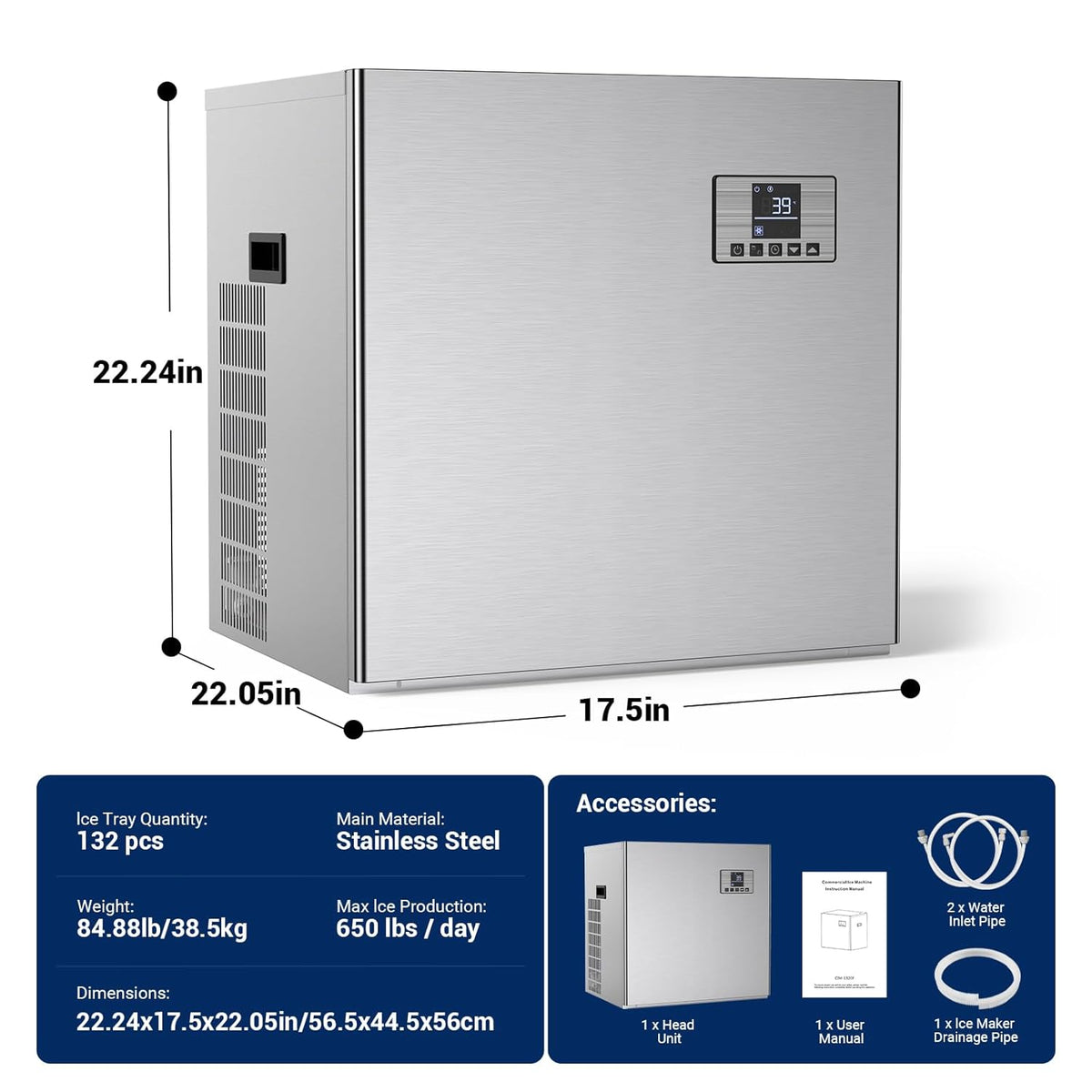 Ecojoy 650 LBS/24h Commercial Ice Maker Head 22 Inch Wide Stainless Steel Industrial Ice Machine, ETL Certified, 132 Ice Cubes Ready in 5-15 min, Self-Cleaning for Business Bar Hotel