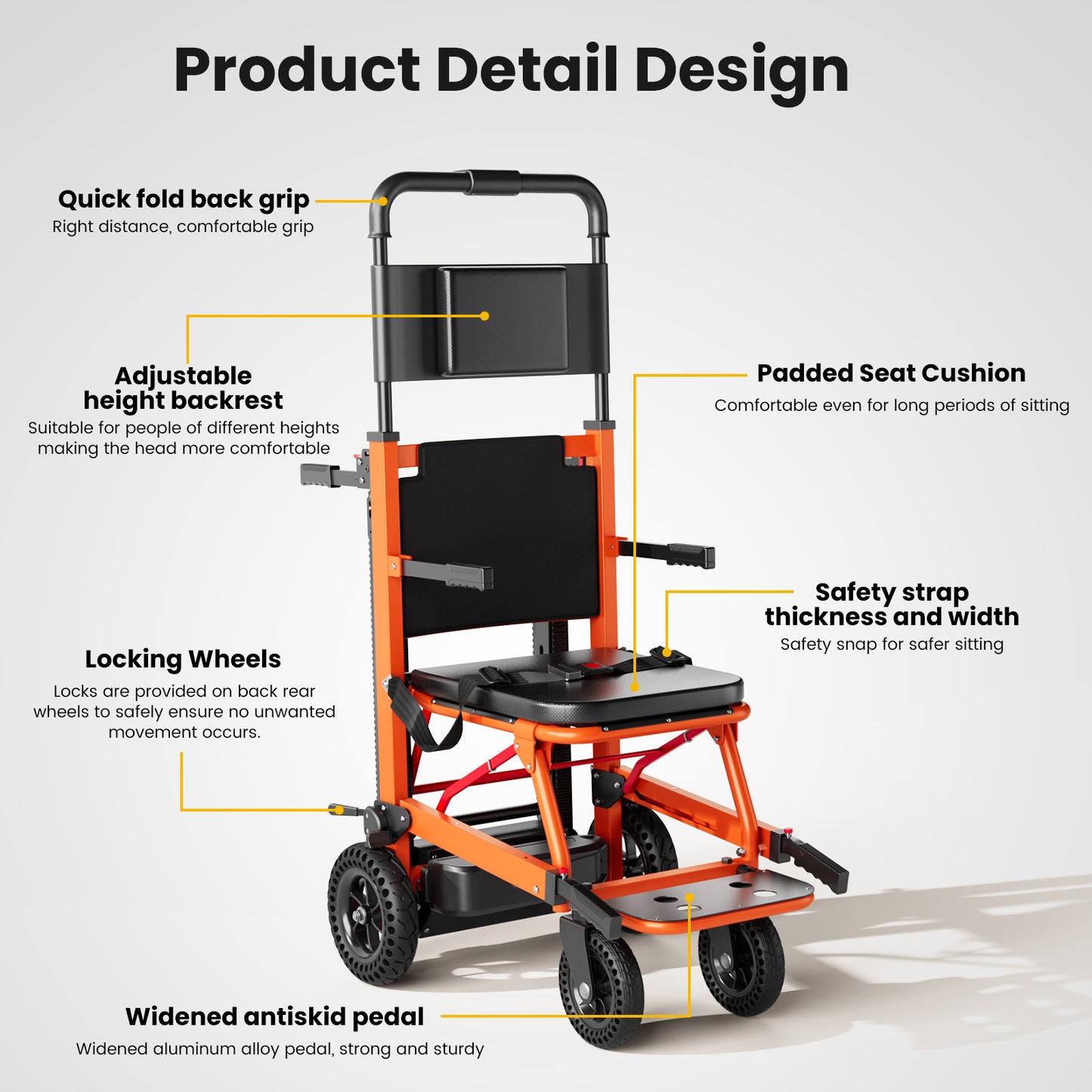 Ecojoy Electric Stair Climbing Wheelchair for Adults, Large Rear Wheels, Portable & Foldable, Orange, 441lb Limit