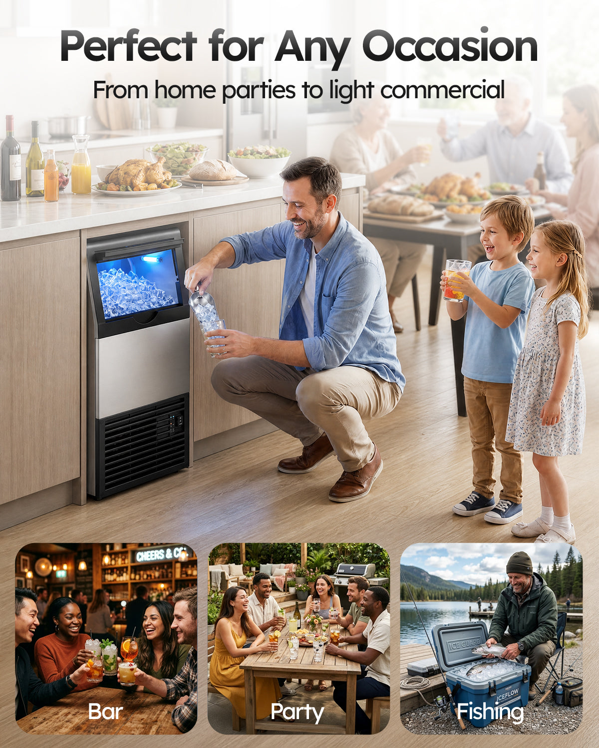 Ecojoy Commercial Ice Maker Machine, 100 lbs/24H Ice Production, 19-33 lbs Storage Bin, 45 Cubes per Cycle, Stainless Steel Under Counter & Freestanding Ice Maker with LED Display, Self-Cleaning