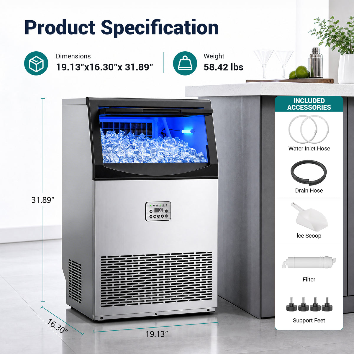 Ecojoy Commercial Ice Maker Machine 200Lbs/24H, 50Lbs Storage Bin, Freestanding & Under Counter Ice Maker | 55 Ice Cubes in 5-15 min | Thicknesses Adjustable | Commercial Ice Machine, Stainless Steel