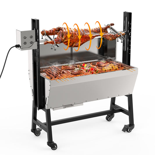 25W Rotisserie Grill Roster w Wheels Electric BBQ Charcoal Grill Stainless Steel
