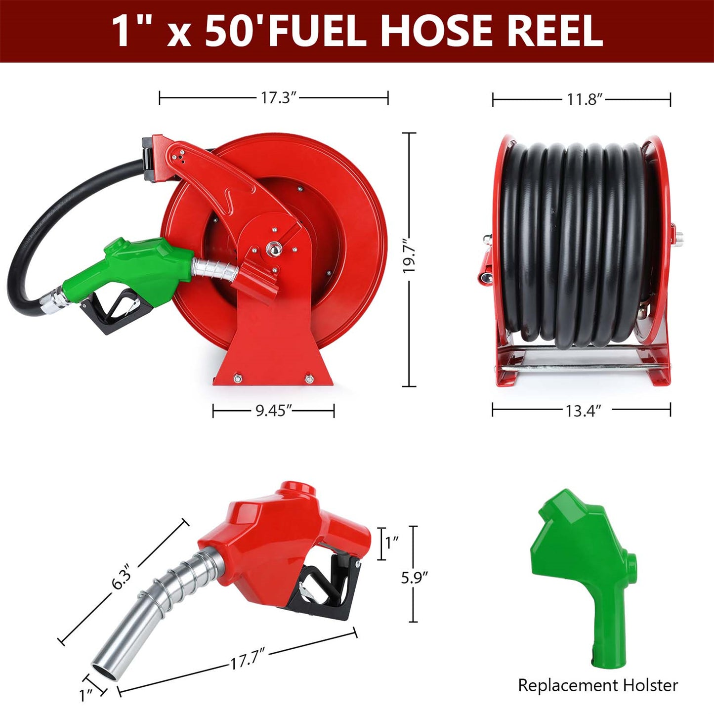 Retractable Diesel Fuel Hose Reel 1" x 50' with Fueling Nozzle for Truck 300 PSI