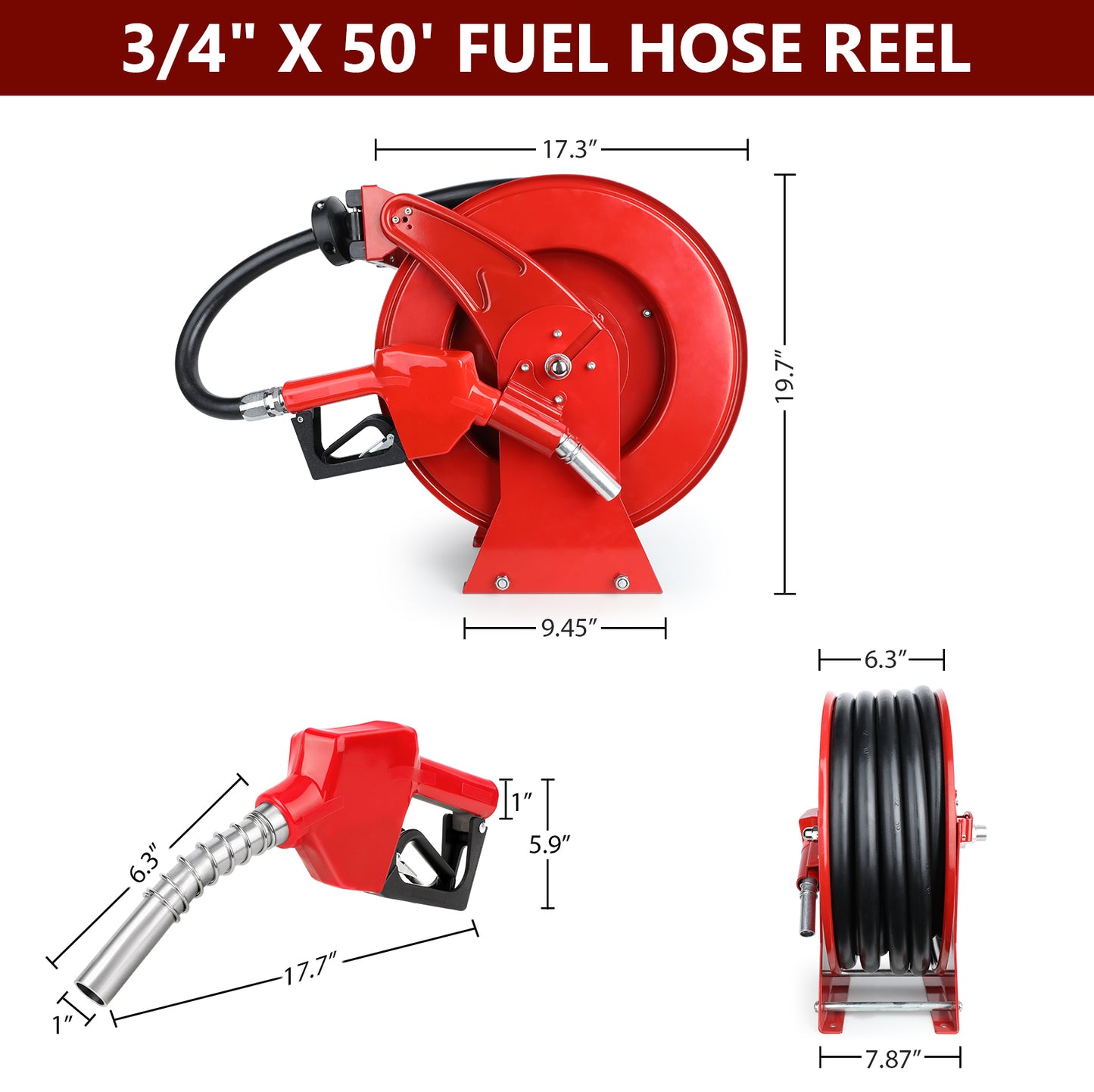 Diesel Fuel Hose Reel Retractable 3/4" x 50' Spring Driven Auto Swivel 300 PSI