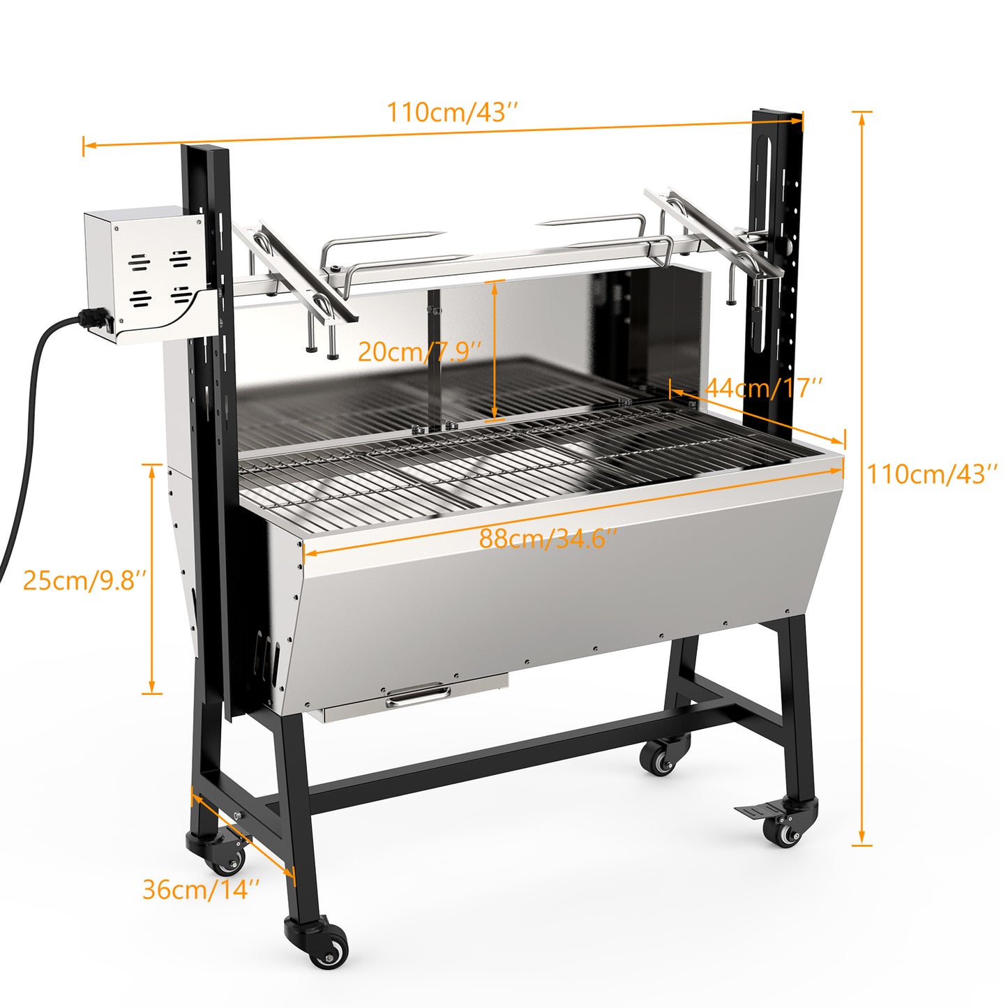 25W Rotisserie Grill Roster w Wheels Electric BBQ Charcoal Grill Stainless Steel