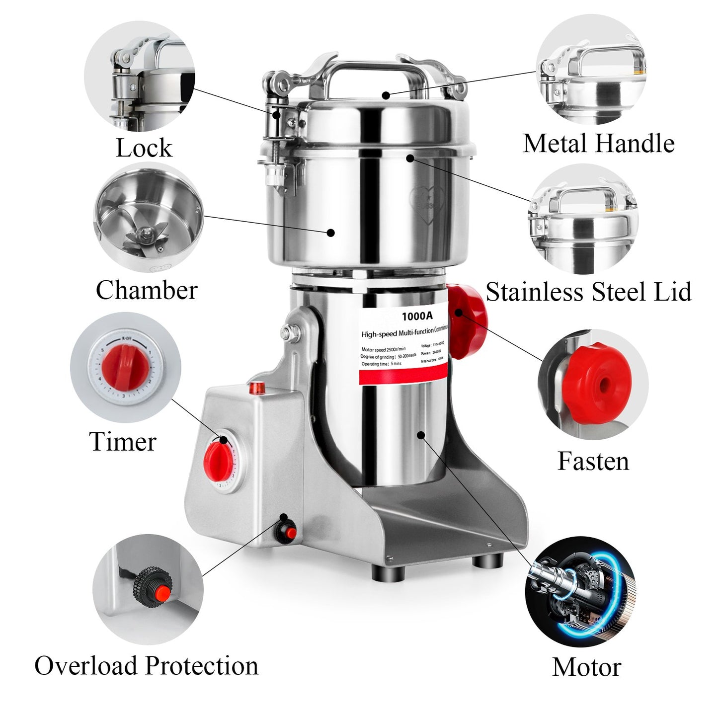 1000g Electric Grain Mill Grinder 2800W Commercial Spice Grinder