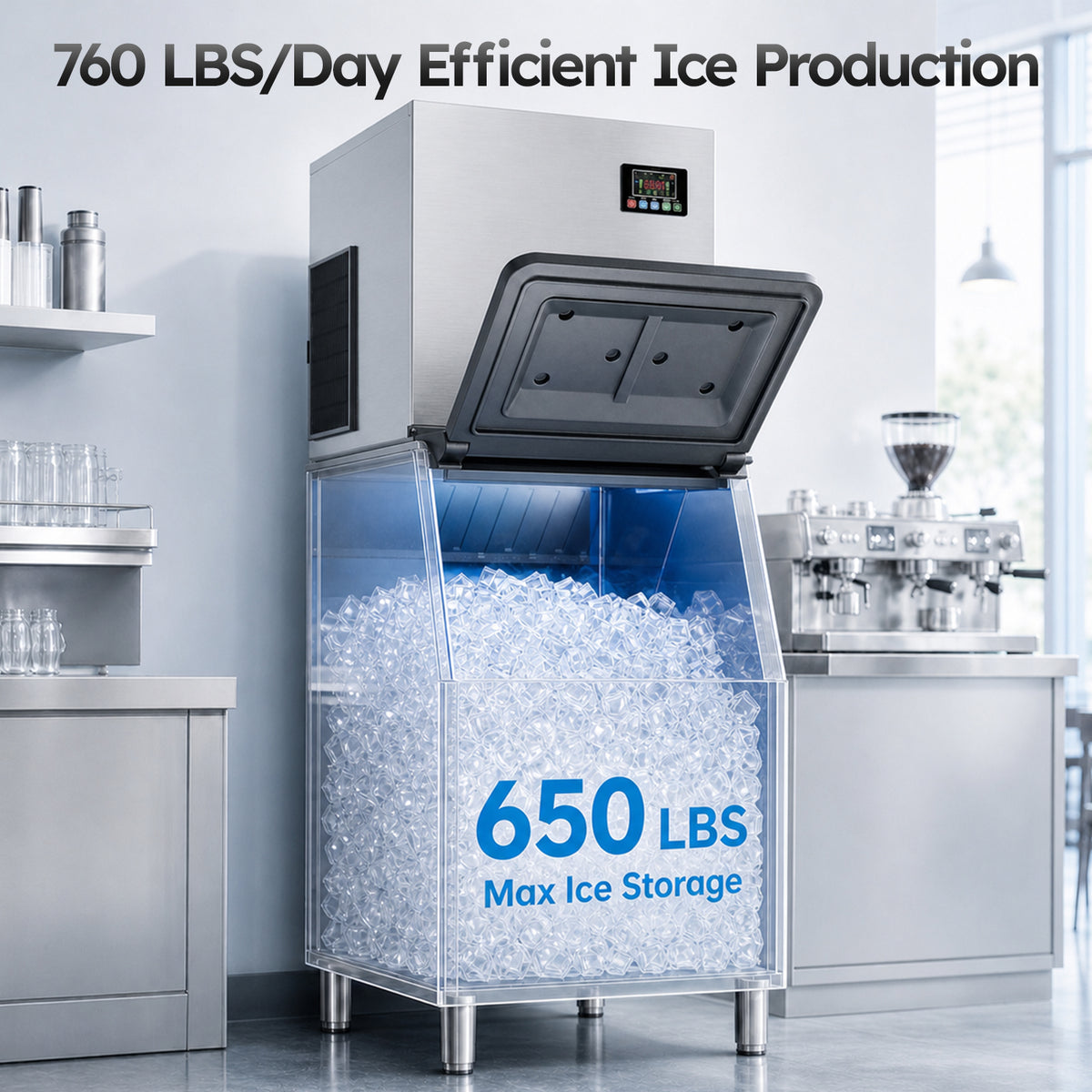 Ecojoy 760 lbs/24H Commercial Ice Maker Machine with 560 lbs Storage Bin, ETL-Certified Industrial Ice Machine, Self-Cleaning, 10–15-Minute Ice Cycles for Restaurants, Bars & Cafes