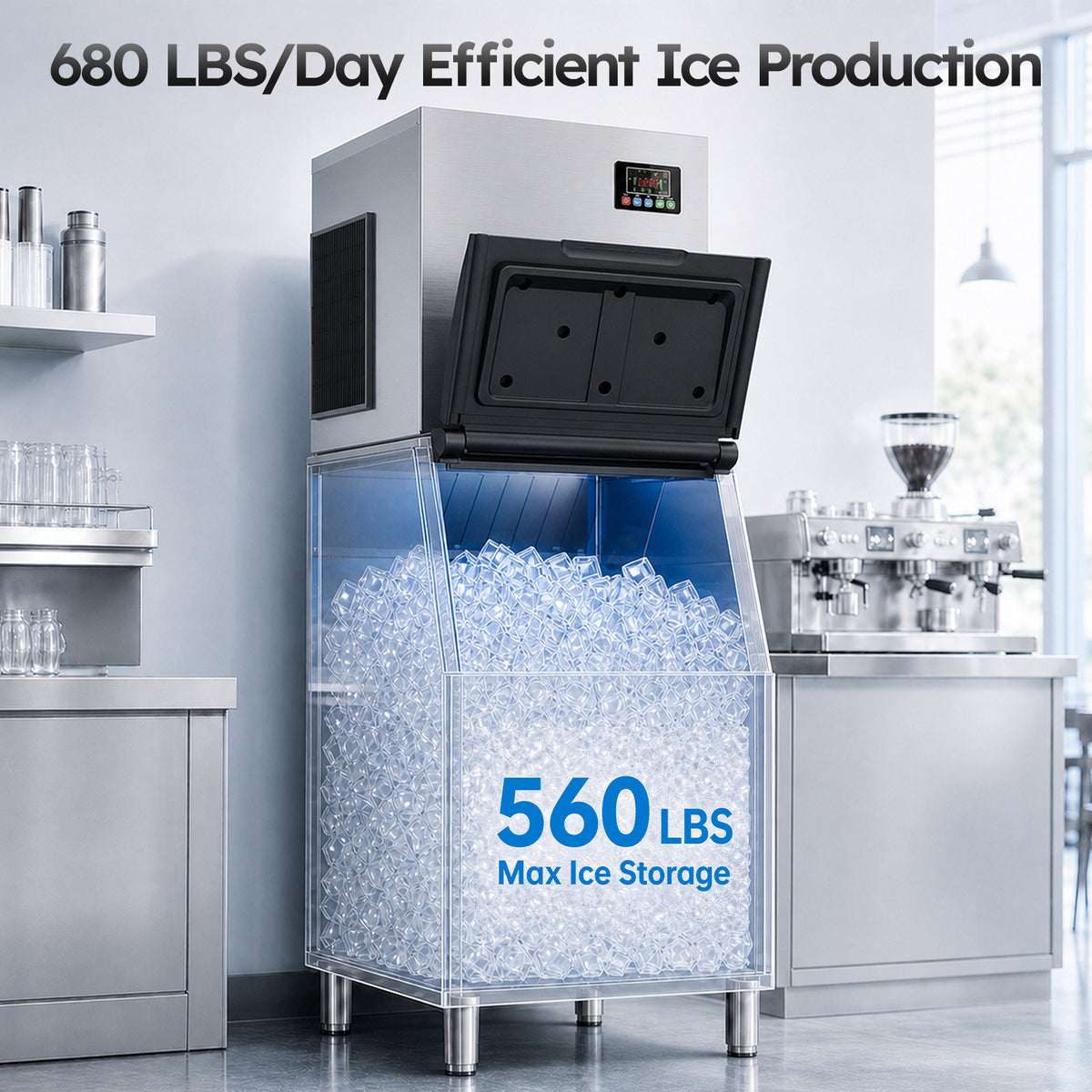 Ecojoy 680 lbs/24H Commercial Ice Maker with 560 lbs Ice Storage Bin, ETL Certified, 110V Ice Machine with 12-Level Thickness Control, Self-Cleaning for Restaurants, Bars, Cafes and Hotels