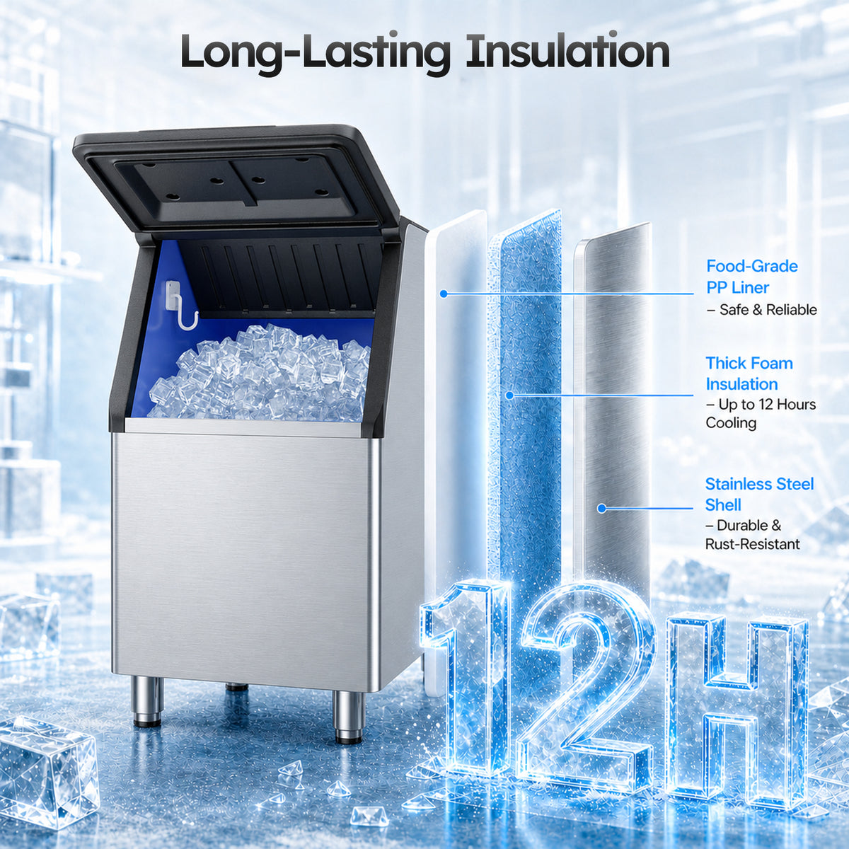Ecojoy 760 lbs/24H Commercial Ice Maker Machine with 560 lbs Storage Bin, ETL-Certified Industrial Ice Machine, Self-Cleaning, 10–15-Minute Ice Cycles for Restaurants, Bars & Cafes