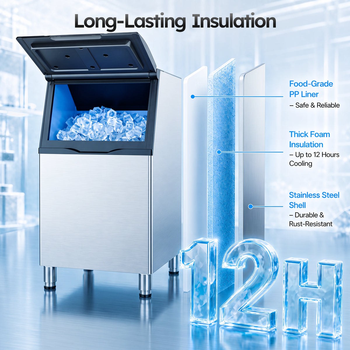 Ecojoy 680 lbs/24H Commercial Ice Maker with 560 lbs Ice Storage Bin, ETL Certified, 110V Ice Machine with 12-Level Thickness Control, Self-Cleaning for Restaurants, Bars, Cafes and Hotels