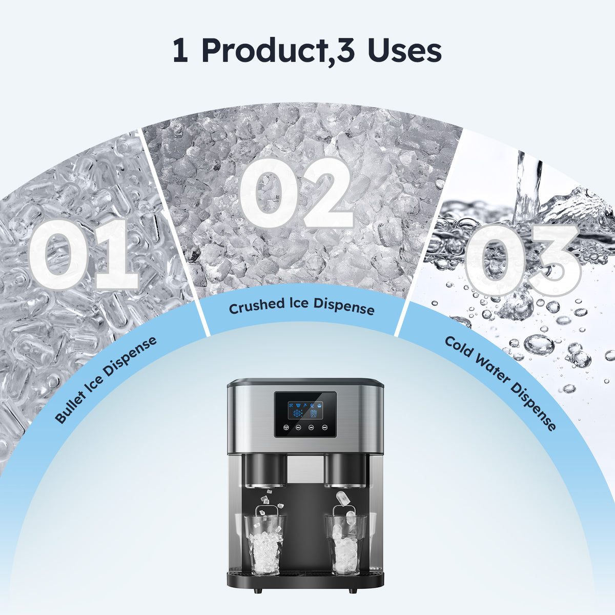 Ecojoy 3 in 1 Water Dispenser with Ice Maker Countertop, Bullet Ice, Crushed Ice, Water Cooler, 33Lbs/24H, 12 Ice Cube/6Min, Self-cleaning, 4Lbs Ice Storage, Home, Kitchen, Party, RV