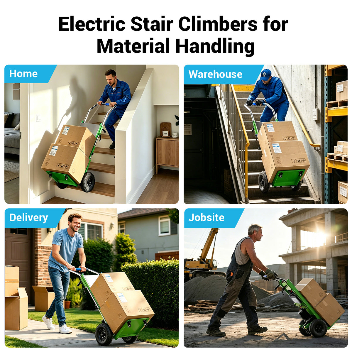 Ecojoy Electric Stair Climbing Dolly, Foldable Hand Truck with 1200W Motor | 4m Safety Rope, Large Load Capacity, Foldable Design, Powered Stair Climbing, Furniture & Warehouse Use, Green