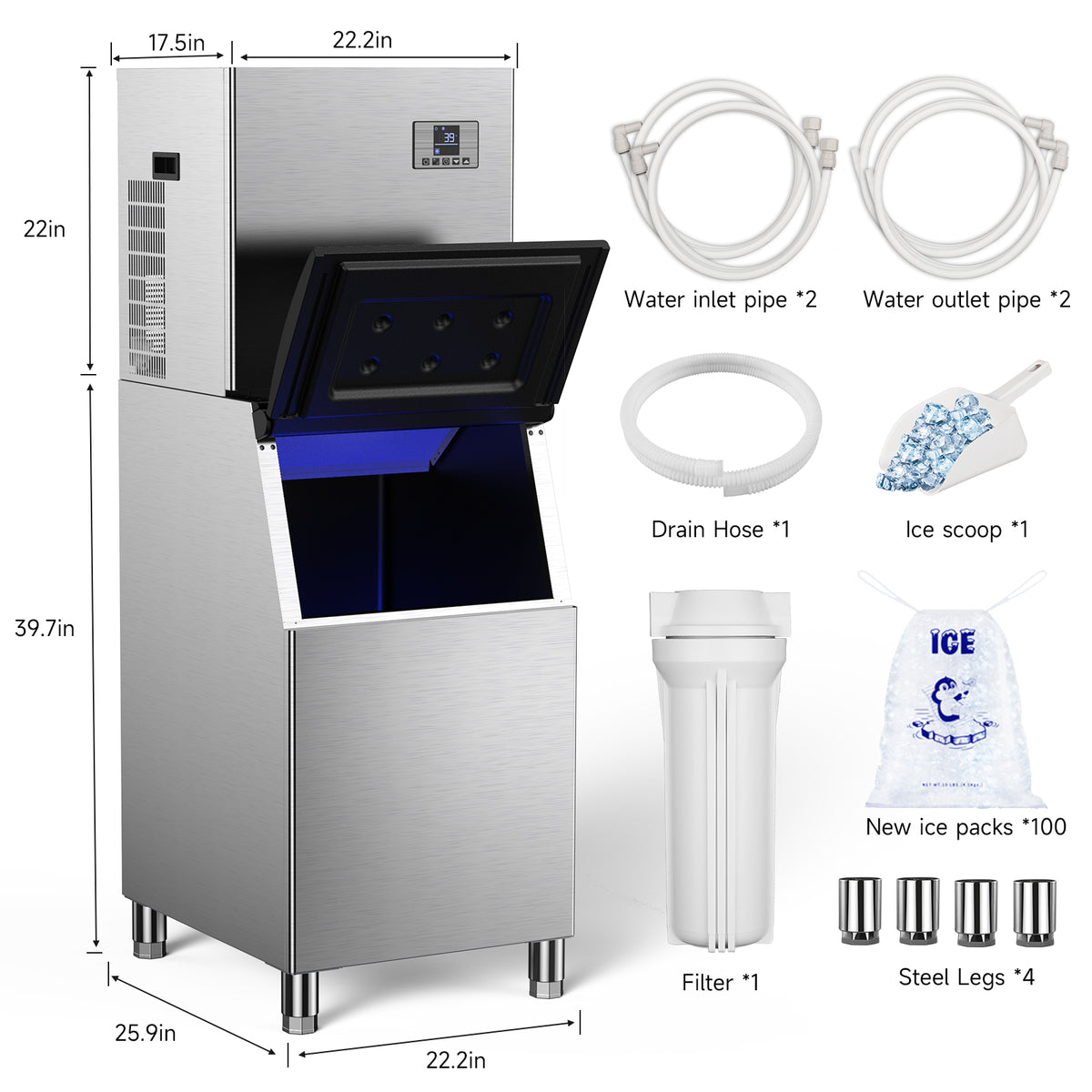 Ecojoy Commercial Ice Maker 550 Lbs/24H, 360 Lbs Large Storage Air-Cooled Commercial Ice Machine