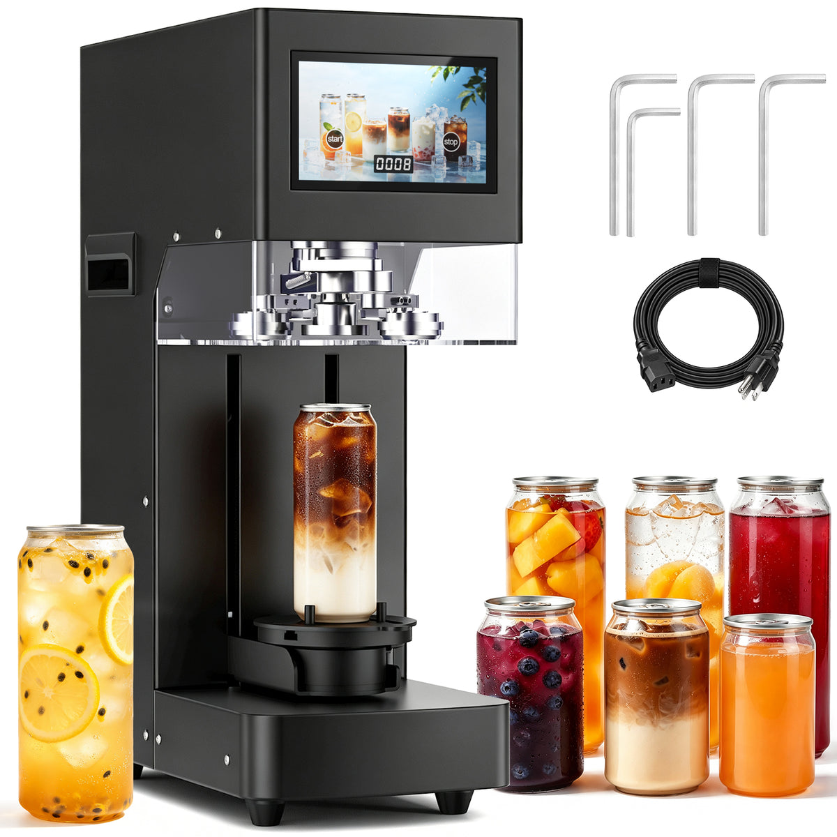 Ecojoy Commercial Soda Can Sealer, Automatic Height Detection, 55 mm 202 Can Sealing Machine, No Cup Pads Required, Adjustable for 45–100 mm (1.77–3.94") Containers, Touchscreen One-Touch Control