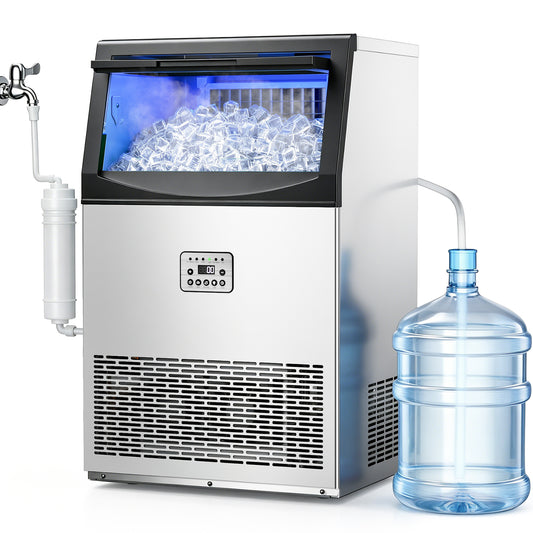 Ecojoy Commercial Ice Maker Machine 200Lbs/24H, 50Lbs Storage Bin, Freestanding & Under Counter Ice Maker | 55 Ice Cubes in 5-15 min | Thicknesses Adjustable | Commercial Ice Machine, Stainless Steel