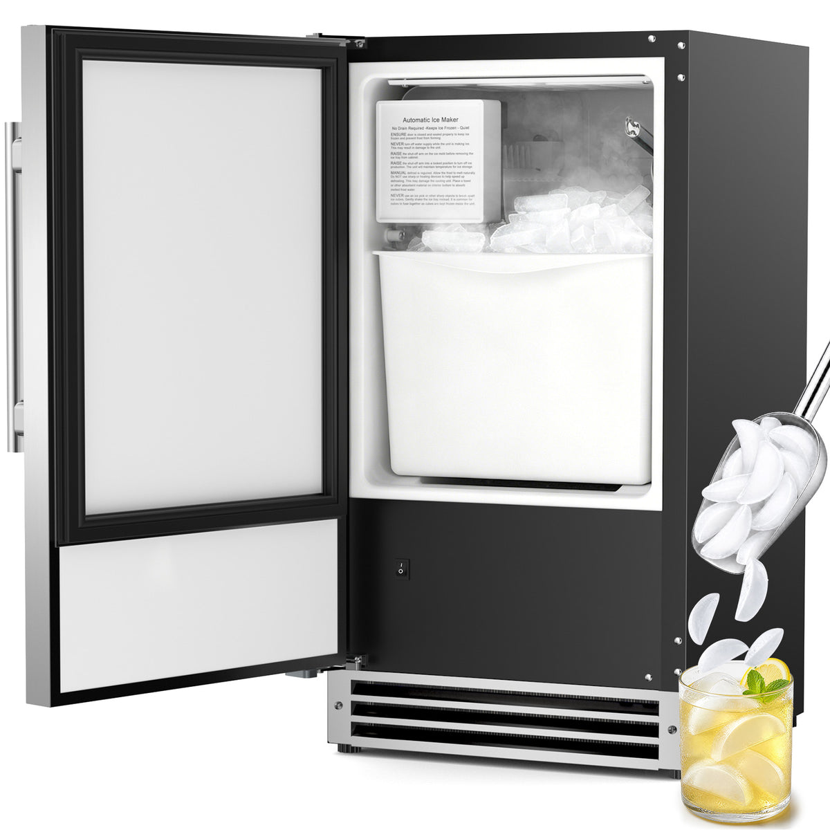 Ecojoy Under Counter Ice Maker, Crescent Ice Maker Machine Commercial, 25Lbs/24H with 22lbs Storage Bin, No Drain Required, Built-in or Freestanding Ice Machine for Home Office Kitchen Bar