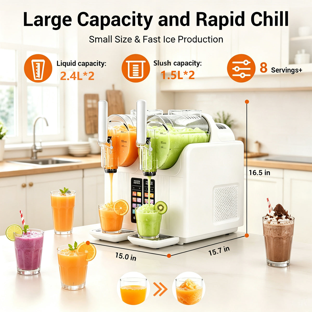 Ecojoy Slushy Maker, 8-in-1 Frozen Drink Maker, 2.4L*2 Slushie Machine with Fast 15-Min Freezing, Margarita Machine for Home Parties