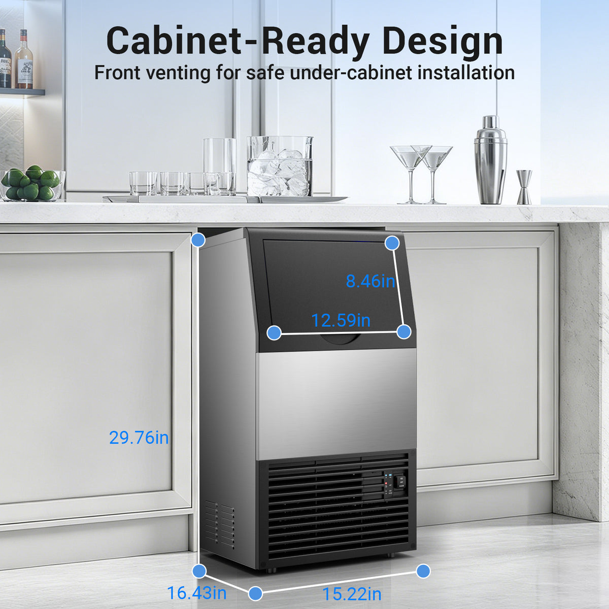 Ecojoy Commercial Under Counter Ice Maker, 100lbs/24H Ice Output, 33lbs Insulated Storage, Stainless Steel Built-in Freestanding Ice Machine with Self-Cleaning for Home Bar