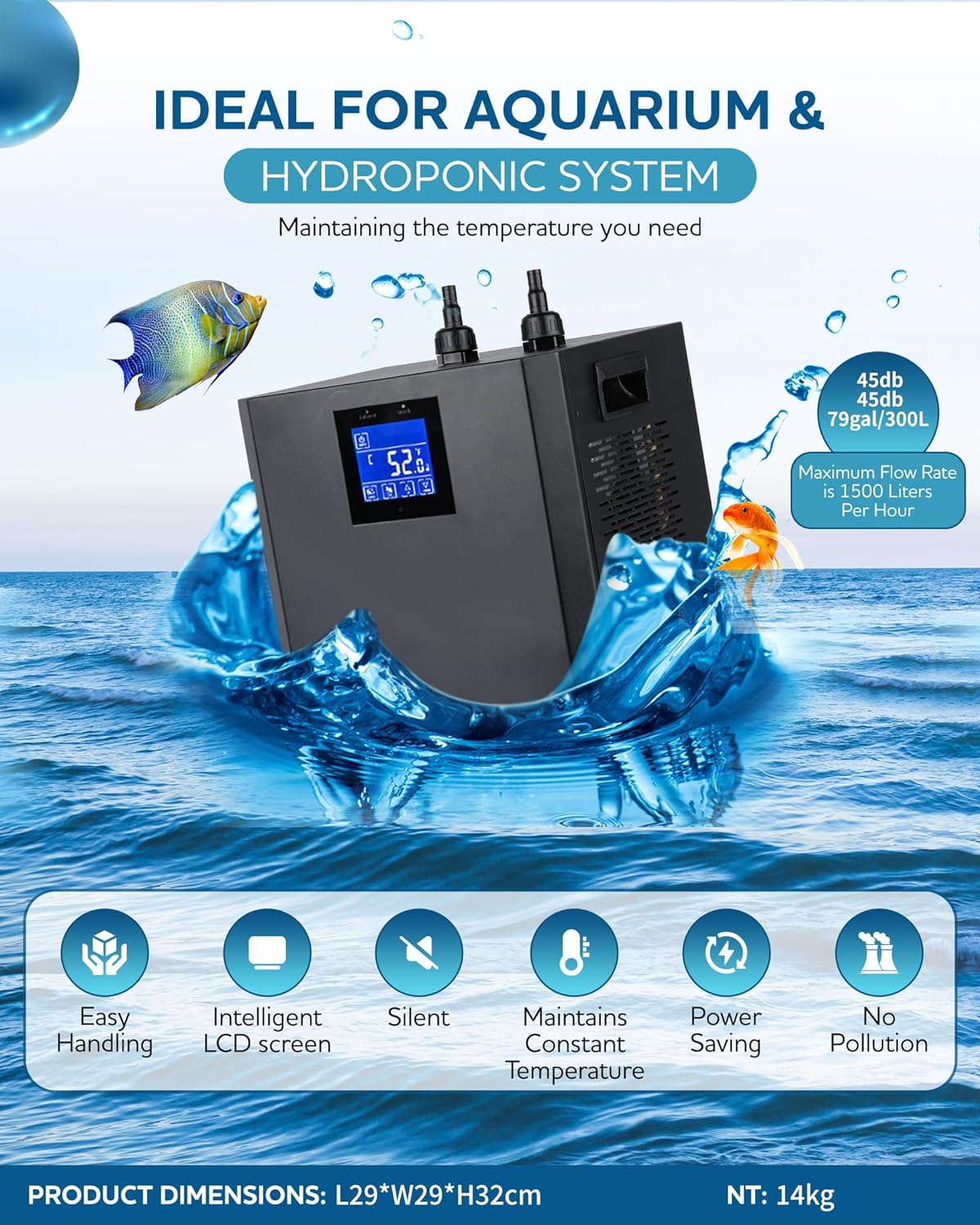 Ecojoy 300L 1/3 HP Aquarium Chiller Water Chiller Hydroponic Tank Cooler With Remote