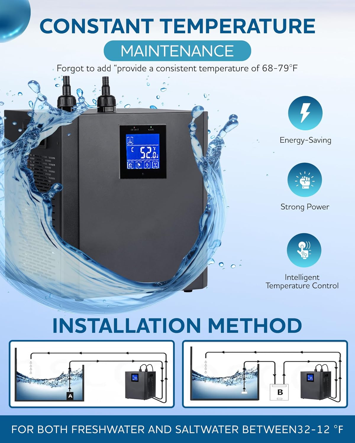 Ecojoy 300L 1/3 HP Aquarium Chiller Water Chiller Hydroponic Tank Cooler With Remote