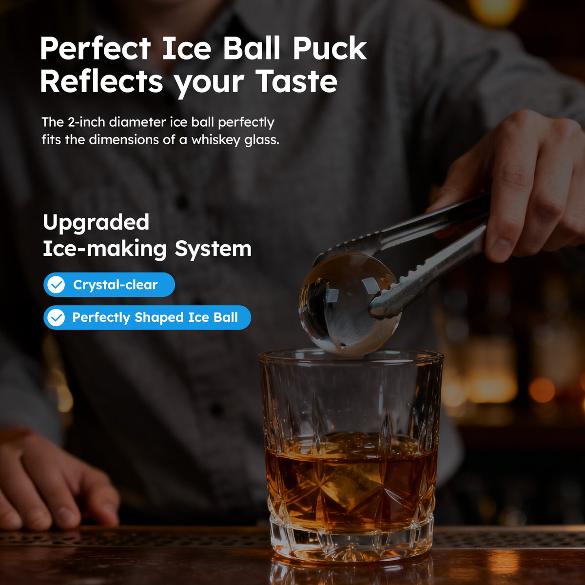 Ecojoy Ball Ice Maker Machine with Self-Cleaning Function - Makes Crystal Clear Ice Balls for Whiskey & Cocktails
