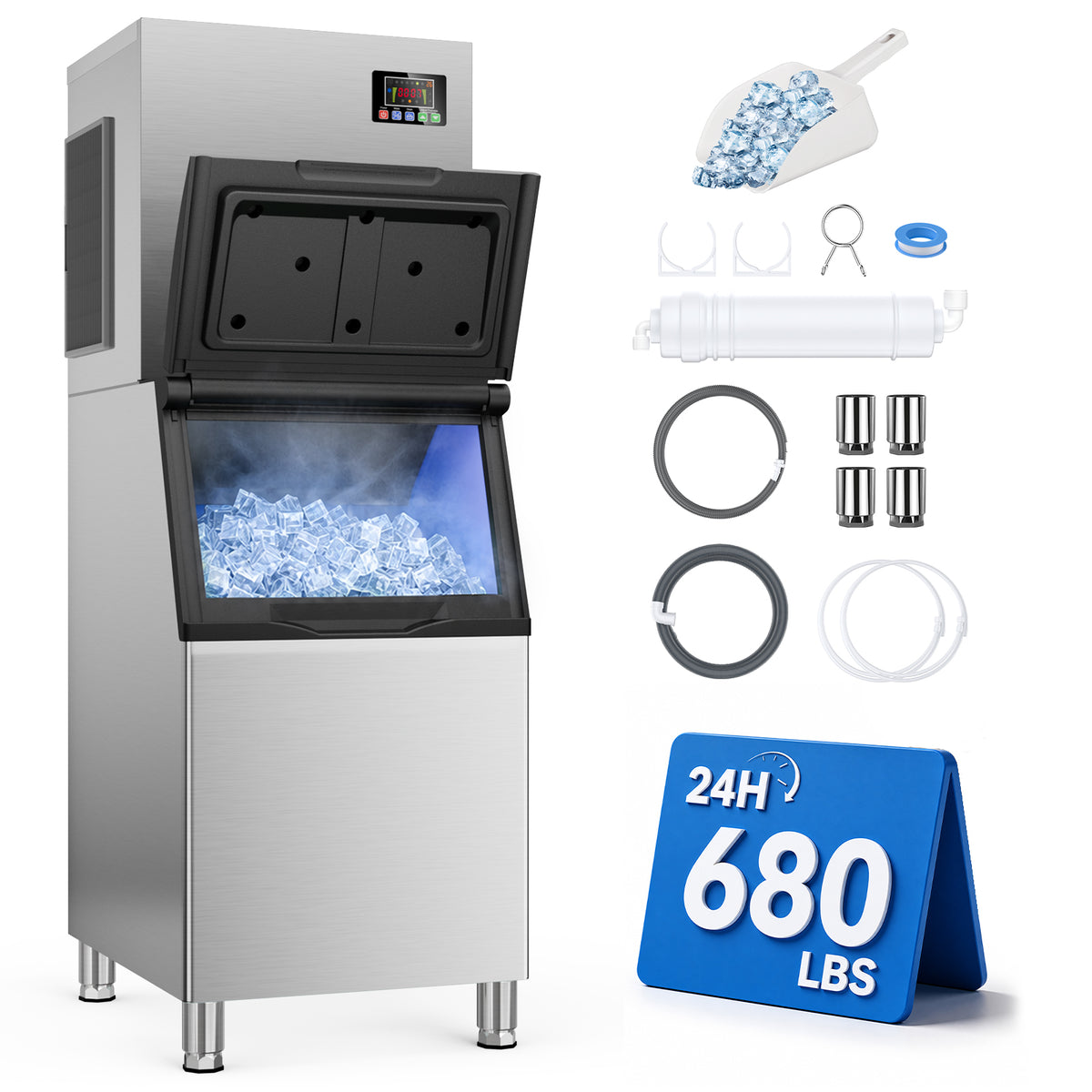 Ecojoy 680 lbs/24H Commercial Ice Maker with 560 lbs Ice Storage Bin, ETL Certified, 110V Ice Machine with 12-Level Thickness Control, Self-Cleaning for Restaurants, Bars, Cafes and Hotels