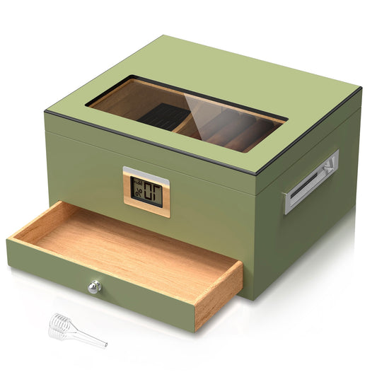 Cigar Humidor Case Box with Electric Hygrometer Humidifier Divider and Spanish Cedar Wood Shelf for 25-50 Counts, Luxuary Glass Cigar Case for Men, Green