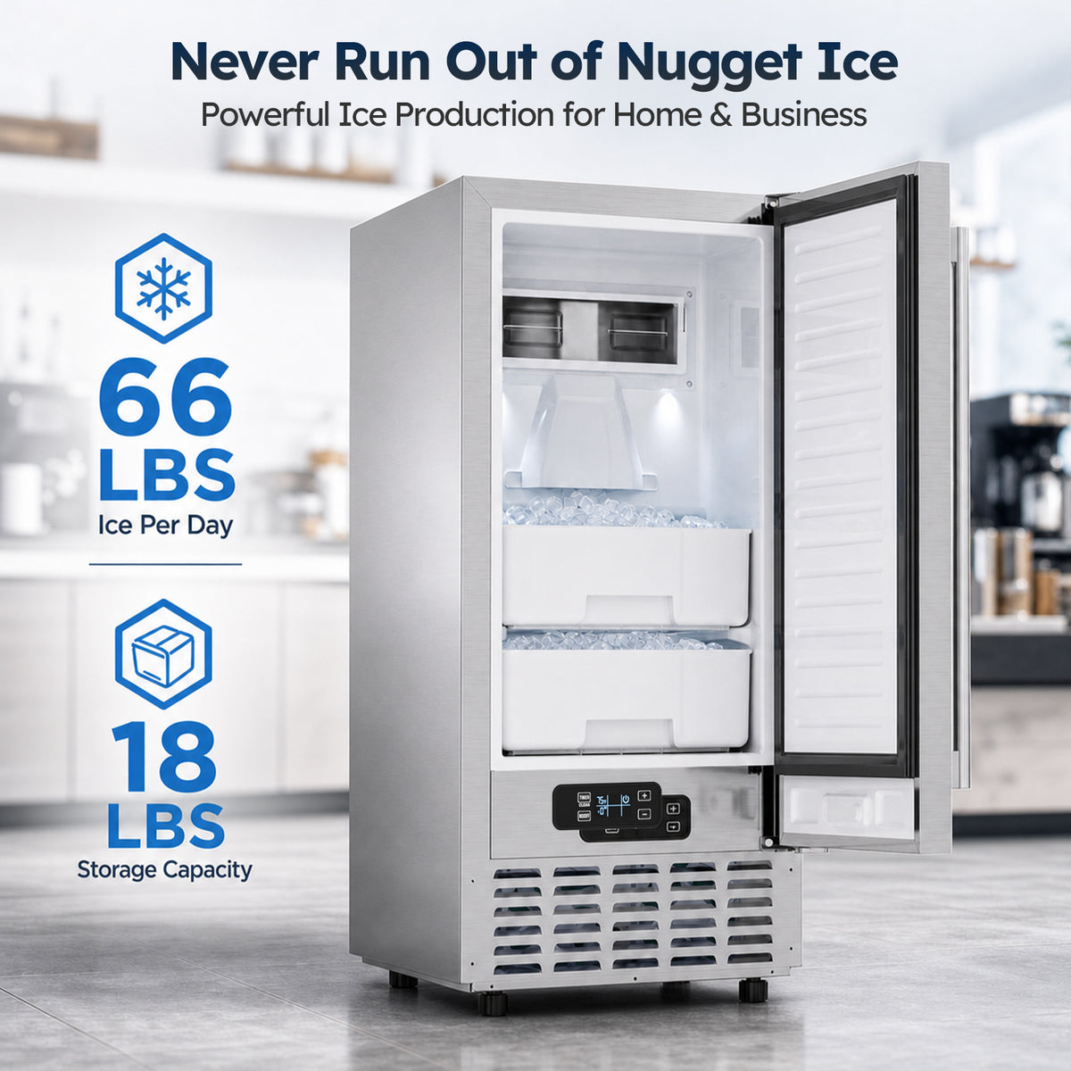 Ecojoy Nugget Ice Maker 66 Lbs/24H Under Counter Ice Machine 2-Drawer Ice Baskets, Built-in or Freestanding, Auto-Cleaning Function, Full Stainless Steel Finish, for Home Bar Cafe Kitchens