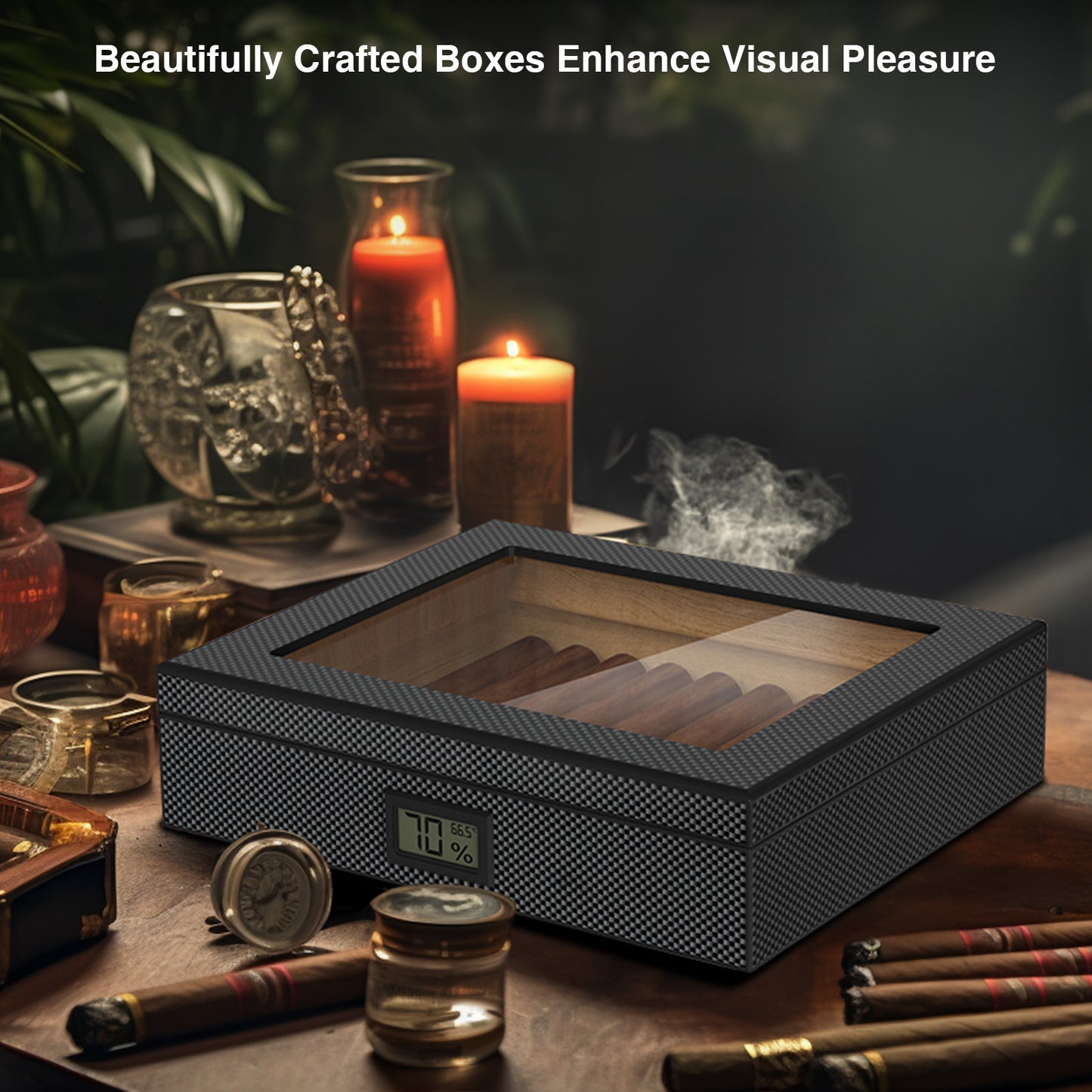 Cigar Humidor Case Box with Electric Hygrometer Humidifier Divider and Spanish Cedar Wood Shelf for 20-30 Counts, Great Gifts for Men, Gray