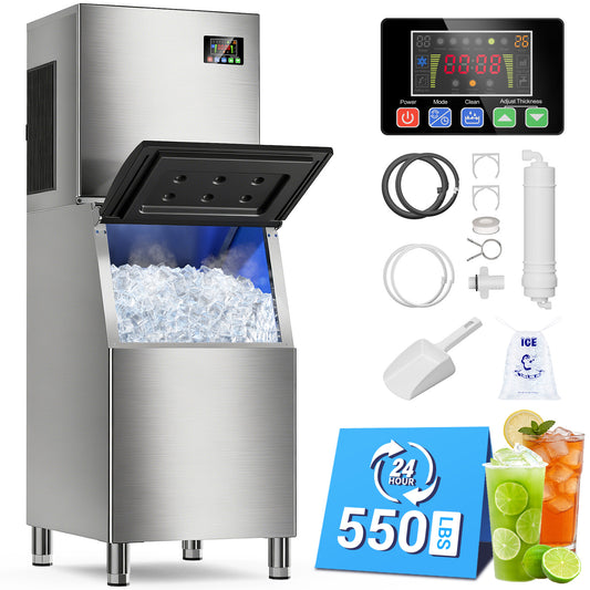 Ecojoy 550 lbs/24H Commercial Ice Maker Machine with 400 lbs Storage Bin, Self-Cleaning Mode, Built-In Water Filter, 30-Level Ice Thickness Control for Restaurant, Bar, Hotel and Industrial Use