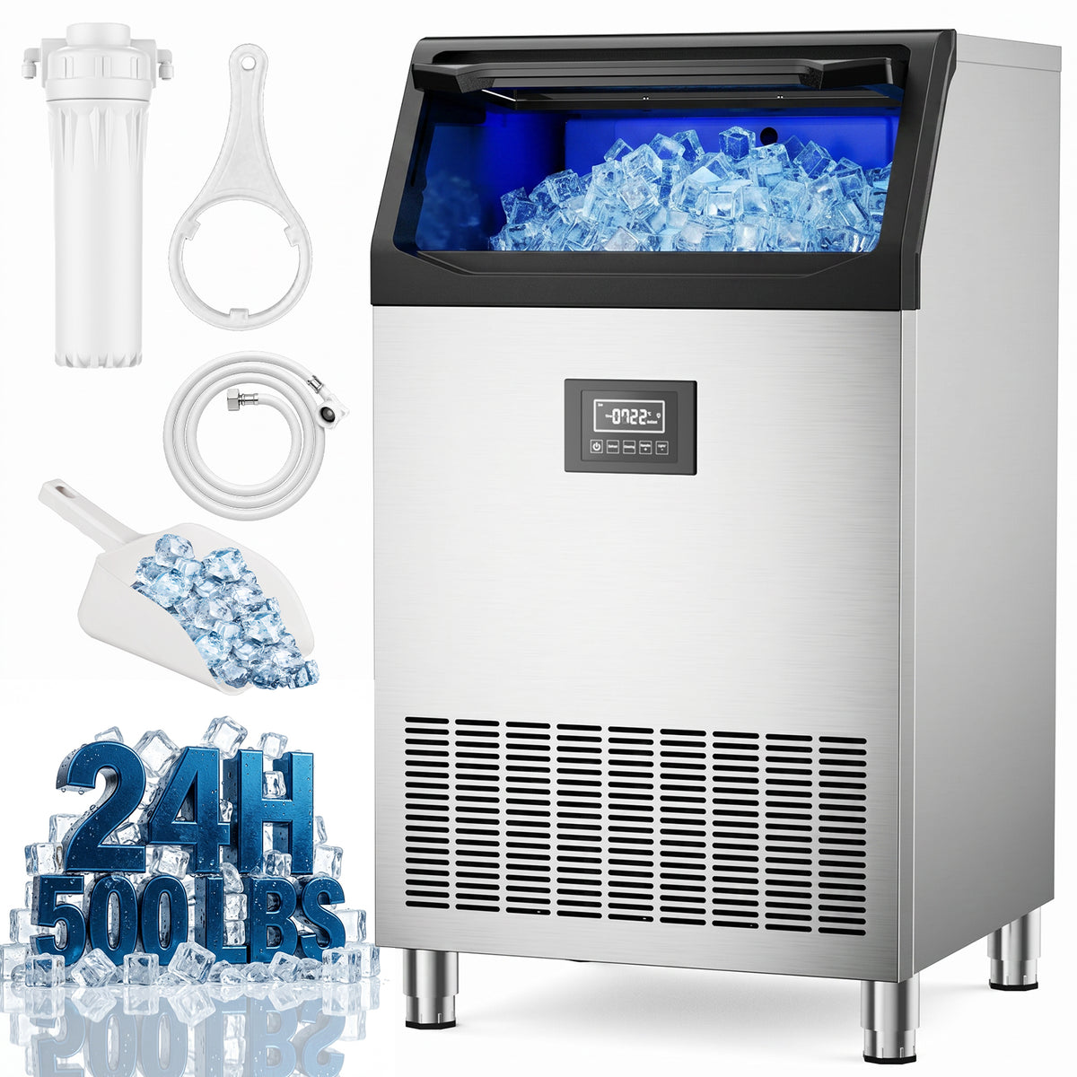 Ecojoy Commercial Ice Maker 500Lbs/24H with 125LBS Large Storage, 162 Ice Cubes in 7-23min, Auto Cleaning & Timing Function, Under Counter/Freestanding, Cube Ice Maker for Bar Cafe Restaurant, Silver
