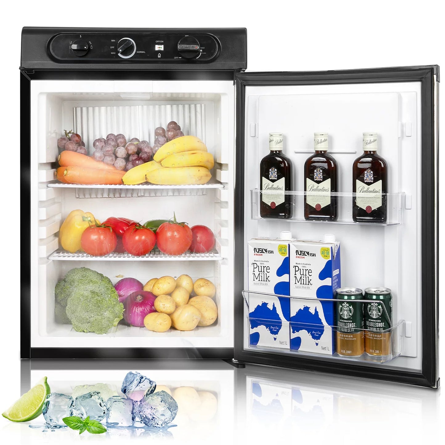 Propane Refrigerator, 3 Way 2.1 Cu.Ft Camper Gas Refrigerator, 120V 12V Quiet Outdoor Camper RV Fridge for Semi Truck, Truck, Camper Van, Boat and Garage