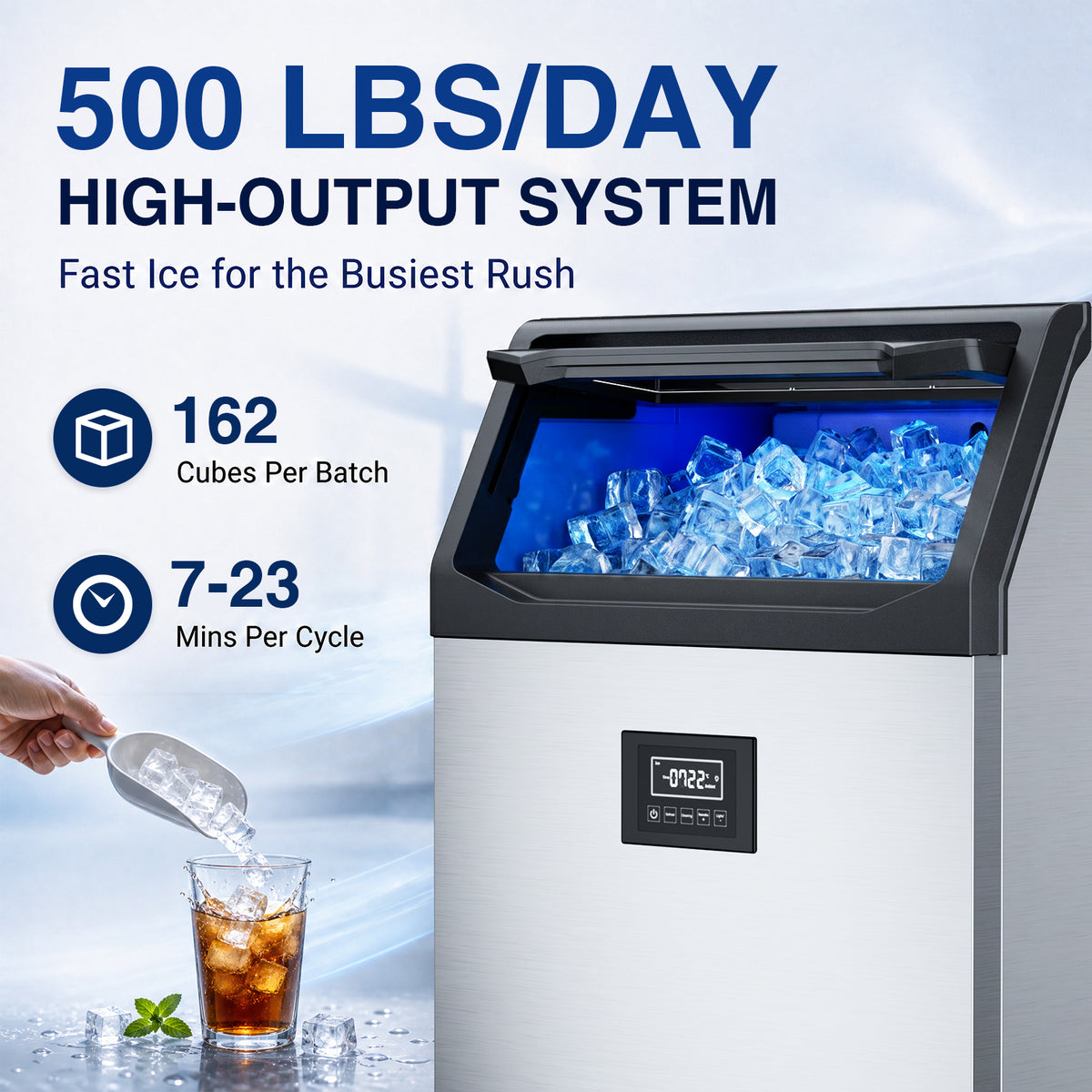 Ecojoy Commercial Ice Maker 500Lbs/24H with 125LBS Large Storage, 162 Ice Cubes in 7-23min, Auto Cleaning & Timing Function, Under Counter/Freestanding, Cube Ice Maker for Bar Cafe Restaurant, Silver