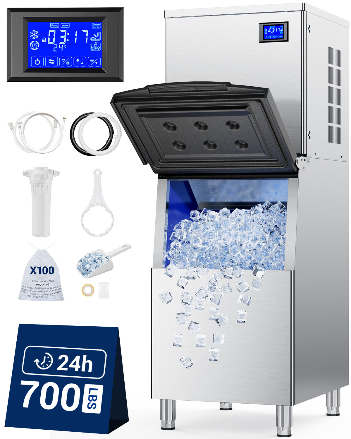 Ecojoy 700 Lbs/24H Commercial Ice Maker Machine with 500 Lbs Storage Bin, Air-Cooled Ice Maker Producing 156 Cubes Every 8–15 Minutes, Adjustable Ice Thickness, ETL Approved, Self-Cleaning for Bar, C