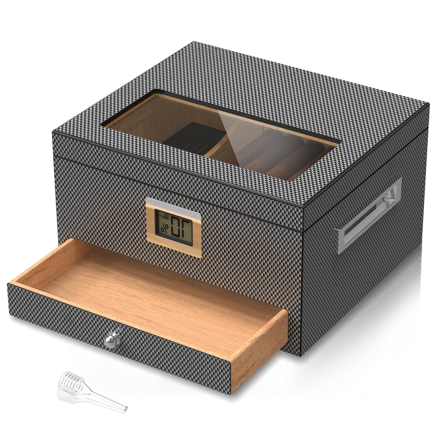 Cigar Humidor Case Box with Electric Hygrometer Humidifier Divider and Spanish Cedar Wood Shelf for 25-50 Counts, Luxuary Glass Cigar Case for Men, Gray