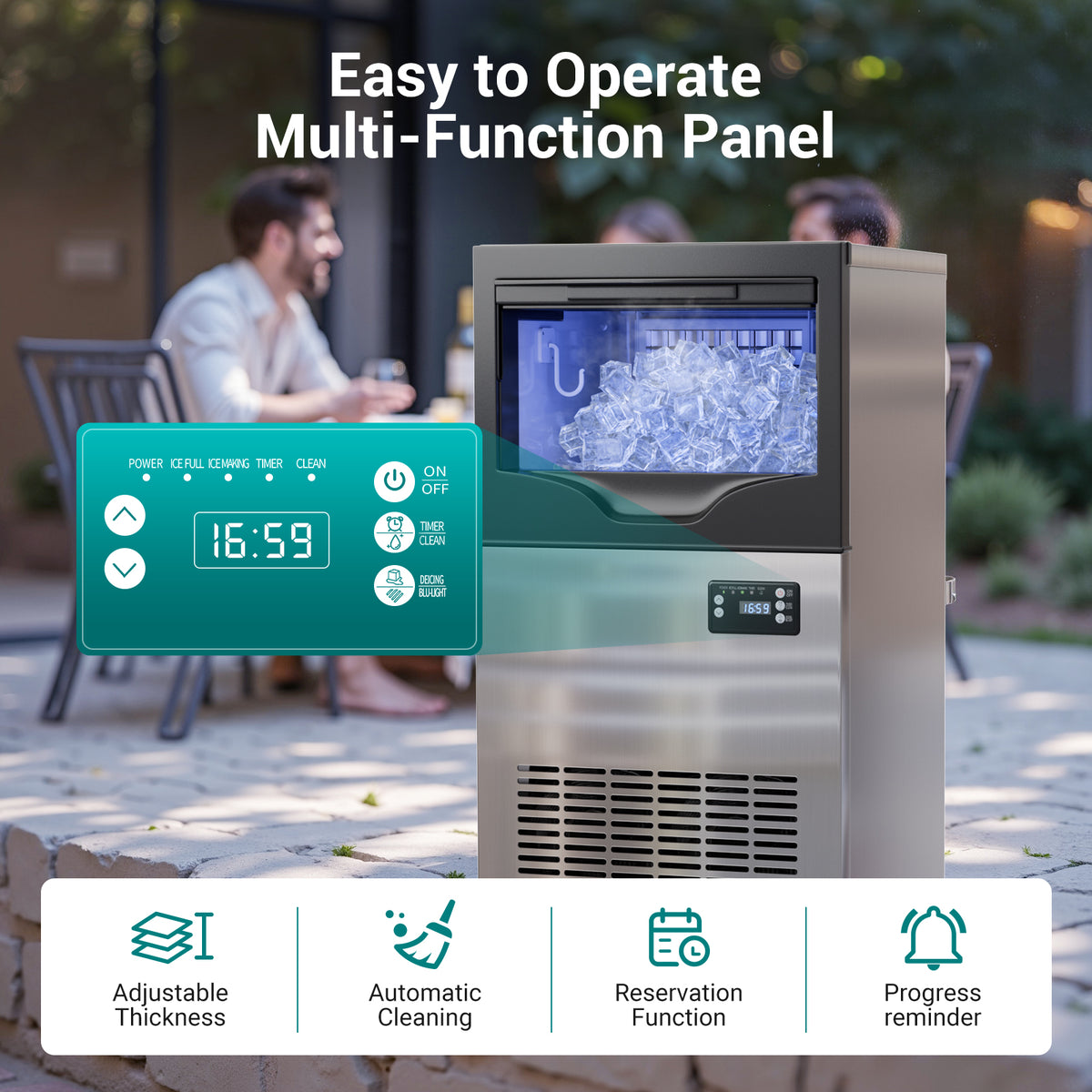 Ecojoy Commercial Ice Maker, counter ice machines 100lbs Maximum Output, Cubed Ice, Silver with 33 lbs Storage Bin