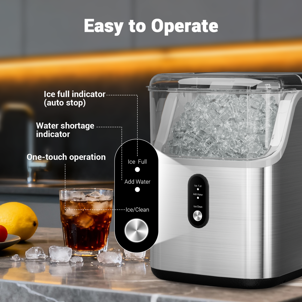 Ecojoy Countertop Chewable Nugget Ice Maker with 33lbs Daily Output, Quiet Operation & Portable Design for Home/Office Use