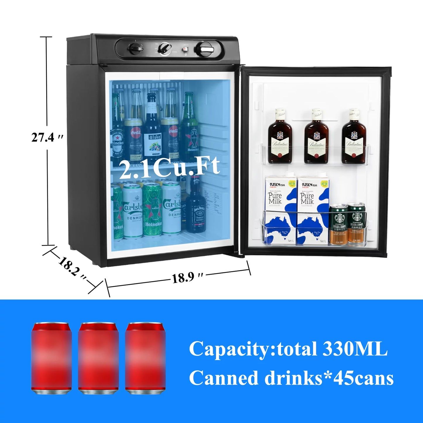 Propane Refrigerator, 3 Way 2.1 Cu.Ft Camper Gas Refrigerator, 120V 12V Quiet Outdoor Camper RV Fridge for Semi Truck, Truck, Camper Van, Boat and Garage
