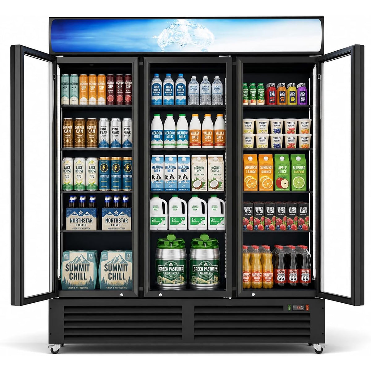 Ecojoy 56 Cu.Ft Merchandiser Cooler, 3 Doors Commercial Display Fridge Beverage Refrigerator with Adjustable Shelves, LED Lighting，32-50°F, Lockable Doors & Braked Casters for Store, Shop, Office